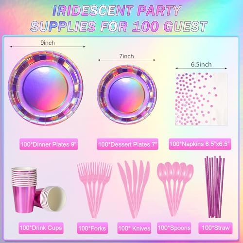 Iridescent Pink Party Supplies Decorations Serve100, Hot Pink Holographic Paper Plates and Napkins Set, Disposable Pink Paper Plates Cups Knives Spoons Fork for Mermaid Disco Kpop Birthday Party Decor - Image 2