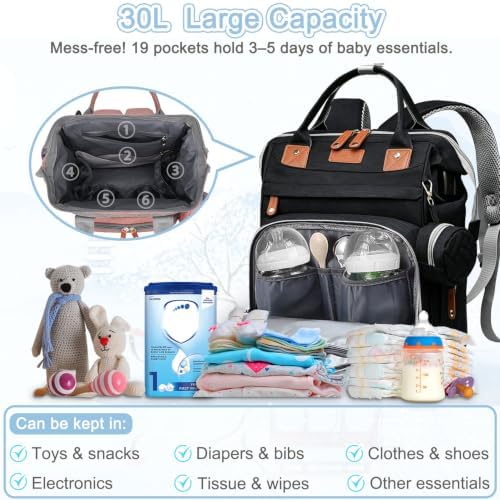 SHITIESHOU Diaper Bag Backpack Baby Bag for Mom Dad with Changing Pad, 19 Pockets, Large Waterproof Travel Baby Girl Boy Toddle Diaper Bag with Insulated Pocket, Baby Shower Gifts, Black - Image 4