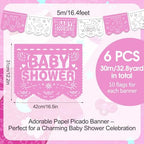 Mindsoft 6 Pack 98.43 ft Baby Shower Papel Picado Mexican Banner Cielito Lindo Party Plastic Fiesta Banner Talavera Theme Decorations for Baby Shower Party Hanging(Pink and White) - Image 2