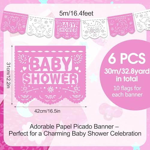 Mindsoft 6 Pack 98.43 ft Baby Shower Papel Picado Mexican Banner Cielito Lindo Party Plastic Fiesta Banner Talavera Theme Decorations for Baby Shower Party Hanging(Pink and White) - Image 2