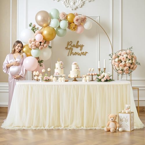 Suppromo 9ft Champagne Tulle Table Skirts for Rectangle Tables or Round Tables Champagne Tutu Table Cloth Cover for Wedding Birthday Party Baby Shower Dessert Cake Table Decor - Image 4