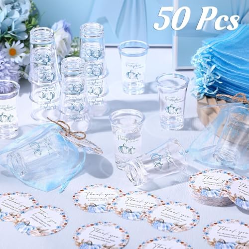 Funnymoom 50 Sets Blue Pumpkin Baby Shower Favors for Guests Souvenir a Little Pumpkin Is on the Way Acrylic Clear Shot Glasses Thank You Tags with Organza Bags for Party Decorations - Image 6