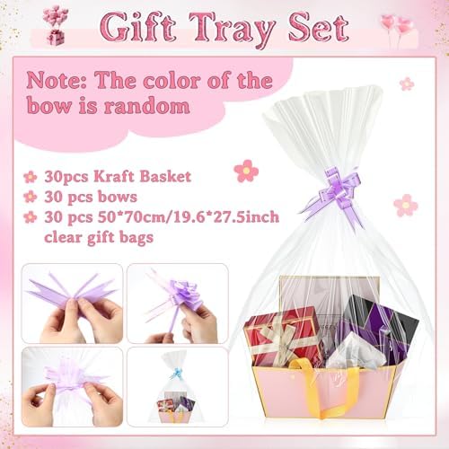 Tuanse 30 Pcs Basket for Gift Empty DIY Bulk Gift Basket Kit with Handle Kraft Cardboard Tray with 30 Bag 30 Bow Market Tray for Wedding Party, Pink, 9.8 x 6.7 x 4.3 in - Image 3