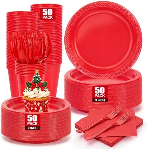 250Pcs Red Plastic Party Plates and Napkins Set for Birthday, Christmas by UseOnceDoneRight