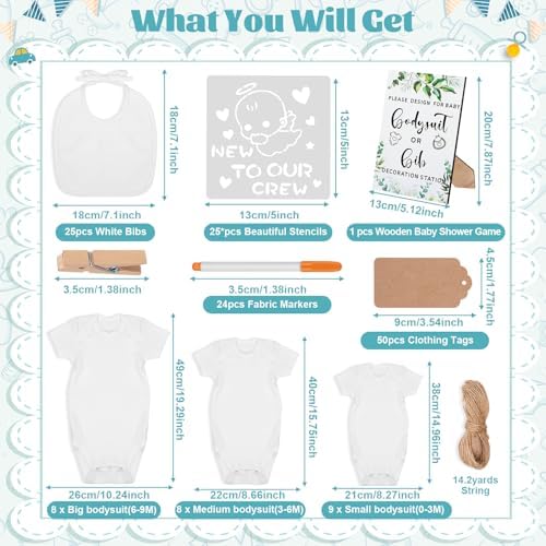 201 Pcs Baby Shower Set Baby Shower Game Sign Baby Bib Bodysuit White Baby Bib Newborn Bodysuit Baby Shower White Decorating Kit(Green) - Image 2
