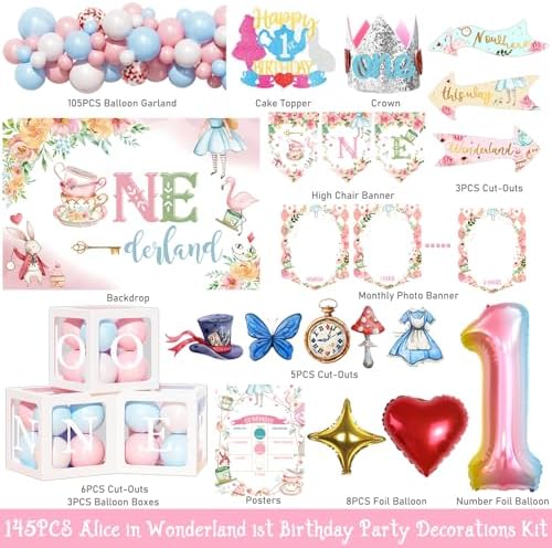Party Inspo Wonderland 1st Birthday Girl, 145 PCs – Fairy Onederland First Birthday Party Supplies with Tea Party Backdrop, Balloon Garland, Cake Topper, Hanging Arrow Signs - Image 2