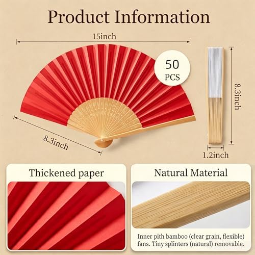 Paper Hand Fans, 8.3 Inch Foldable Handheld Fans for Wedding Favors, Party Decorations, Bridal Shower, Baby Shower, Summer Cooling, Decoration Fan(Red-50) - Image 2
