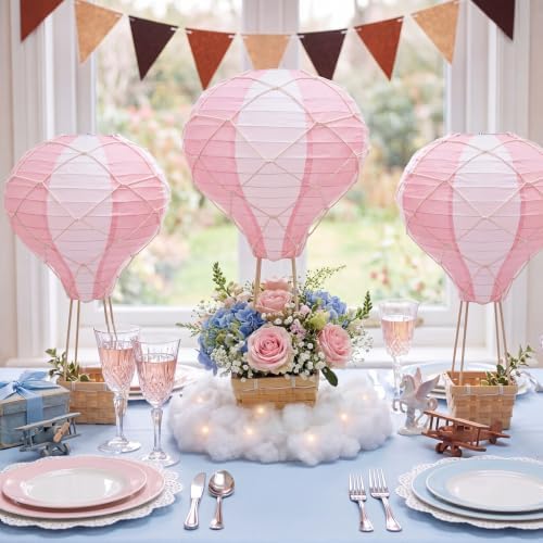 Spiareal 6 Sets Pink Hot Air Balloon Paper Lanterns Decor with Basket - Image 5