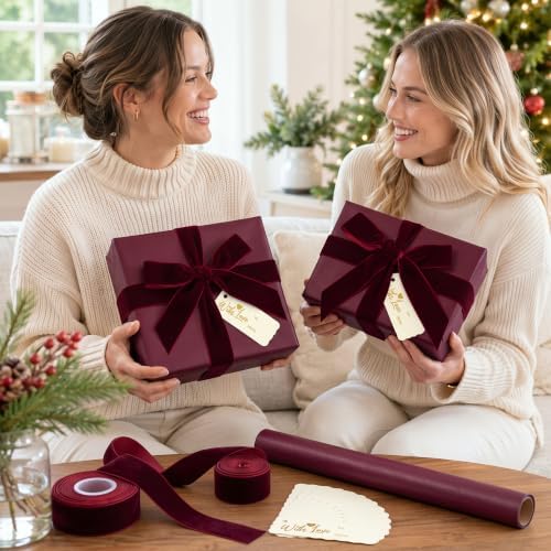 Burgundy Christmas Kraft Wrapping Paper 45 ft Velvet Ribbon 12 Gift Tags - Image 7
