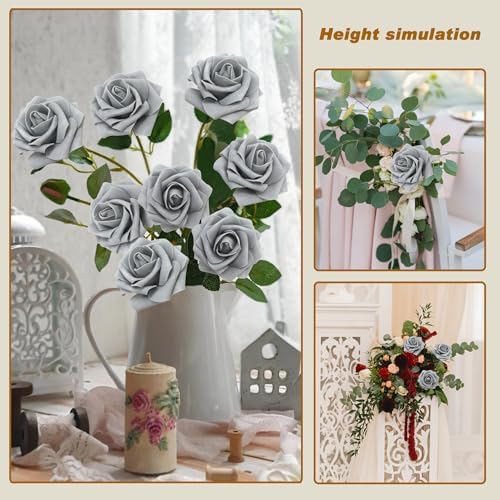 Artificial Flowers Realistic Roses, Real Looking Fake Roses with Stem for DIY Wedding Bouquets Centerpieces Bridal Shower Party Home Romantic Decorations (Grey, Regular 3" - 200pcs) - Image 4