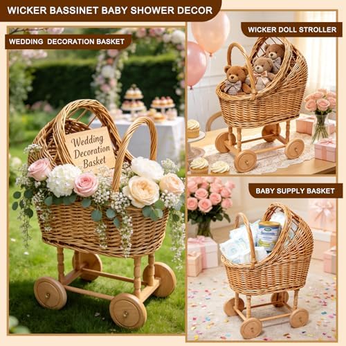 Vintage Wicker Baby Carriage Decor，Woven Rattan Stroller Flower Basket Cart for Wedding Centerpieces, Baby Shower Party Supplies & Nursery Floral Arrangement Props Floral Rustic Home Decor - Image 4
