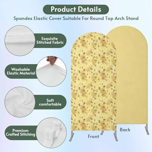 Yellow Summer Arch Backdrop Cover 6.6 ft Modern Bees Honeycomb 2 Sided Wedding Arch Covers Stretchy Backdrop Round Top for Birthday, Party, Baby Shower Decorations - Image 3