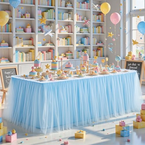 9FT Long Blue Tulle Table Skirt for Rectangle Round Tables 3-Layer Ruffle Desk Teacher Skirt for Back to School Supplies Princess Girls Birthday Party Cake Dessert Classroom Dorm Decor by Partisky