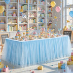 17FT Long Blue Tulle Table Skirt for Rectangle Round Tables 3-Layer Ruffle Desk Teacher Skirt for Back to School Supplies Princess Girls Birthday Party Cake Dessert Classroom Dorm Decor - Image 2