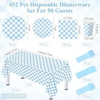 Funnymoom 452 Pcs Light Blue and White Gingham Party Supplies for 50, Blue Checkered Gingham Paper Plates Napkins Cups Tablecloth Cutlery Straws for Baby Shower Picnic Camping Birthday Decoration - Image 3
