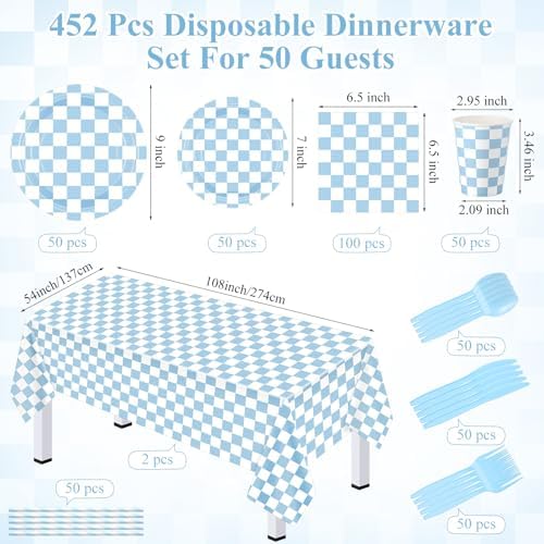 Funnymoom 452 Pcs Light Blue and White Gingham Party Supplies for 50, Blue Checkered Gingham Paper Plates Napkins Cups Tablecloth Cutlery Straws for Baby Shower Picnic Camping Birthday Decoration - Image 3