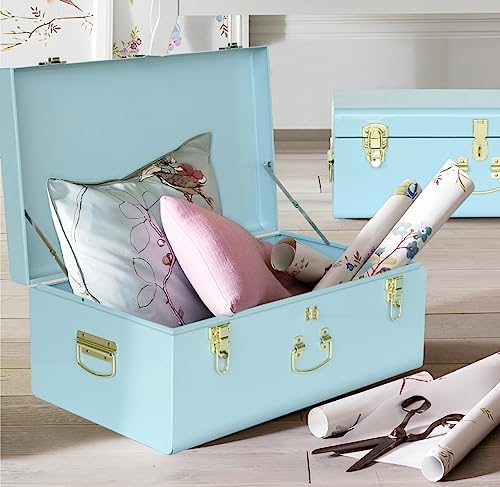Vixdonos Metal Trunk Decorative Storage Box Set of 2 College Dorm Chest with Handle (Light Blue) - Image 6