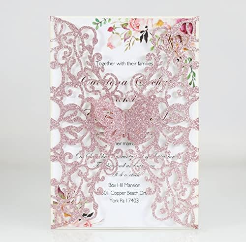 50Pcs Glitter Pink Lace Floral Laser Cut Wedding Invitation Cards Only with Butterfly, for Bridal Shower Engagement Quinceañera Wedding - Image 2