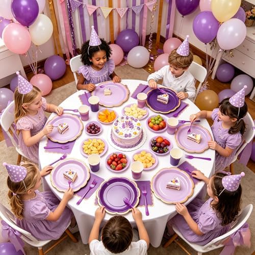 192Pcs Purple Paper Plates and Napkins Party Supplies Serves for 48 Guests, Disposable Gradient 9’’ Scalloped Lavender and Gold Plates Tableware Set for Birthday, Wedding, Baby Shower Decorations - Image 5