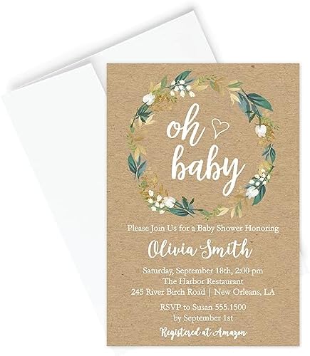 All Ewired Up Personalized Kraft Oh Baby Greenery Baby Shower Invitations and Envelopes, Wreath Eucalyptus by AllEwiredUp