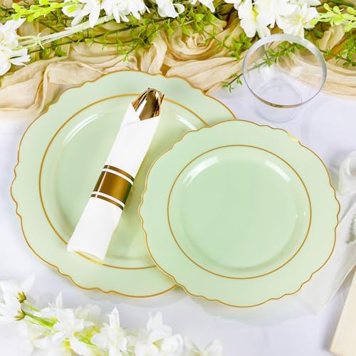 Liacere 350PCS Light Green Plates - Disposable Green and Gold Plastic Plates 50guest Baroque Dinnerware include 100Plates,50Pack Pre Rolled Napkins with Silverware 50Cups for Wedding ＆ Party & Spring - Image 6