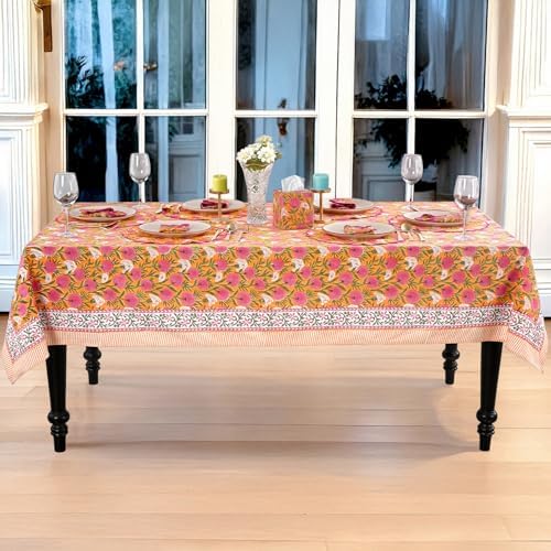 Ridhi Bubblegum Pink Block Print Cotton Rectangle Table Cloth, 54x54 inch - Image 7