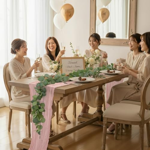 Leinuosen 8 Set 10 Ft Light Pink Cheesecloth Table Runner Wedding Decor with 6 Ft Eucalyptus Garland, Boho Gauze Table Centerpiece Runner for Wedding Baby Shower Birthday Party Decoration - Image 6
