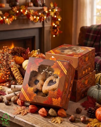 qiqee Thanksgiving Bakery Box with Window 60packs 6x6x3 Gold Leaves Cookie Boxes Pastry Box for Thanksgiving Day - Image 6