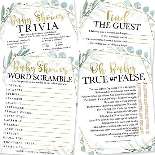 Hadley Designs 25 Greenery Word Scramble, 25 True Or False Game, 25 Trivia Game, 25 Find The Guest-4 Double Sided Cards Baby Shower Ideas, Gender Reveal Games Baby Shower Games by HadleyDesigns