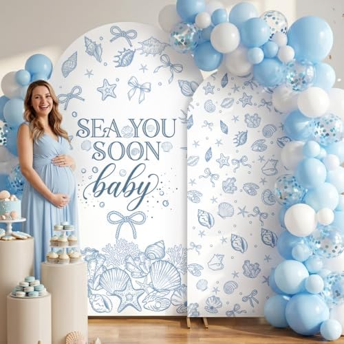 Serencatcher 7.2ft 6ft Seashell Sea You Soon Baby Arch Backdrop Covers 2pcs - Image 5