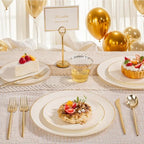 bUCLA 150PCS Ivory Plastic Plates with Gold Trim - Heavy Duty Cream Plastic Disposable for Party & Wedding - Include 25 Each（Dinner & Dessert） Plates, 25 Knives, 25 Forks, 25 Spoons & 25 Cups - Image 4