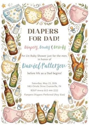 Daddy Diaper Shower Invitation – Diapers for Dad Beer Baby Shower Invite for Men, Custom Printed Invitations with White Envelopes by Handmade