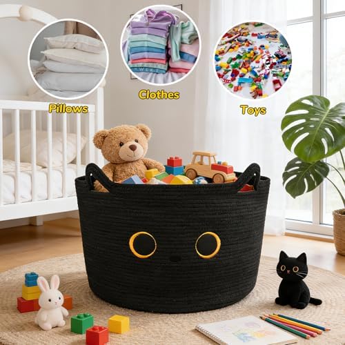 Large Black Cat Basket for Nursery,Cute Cat Woven Laundry Blanket Cotton - Image 4