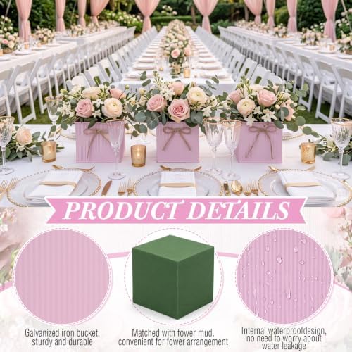 12 Pack Galvanized Square Vases with Floral Foam 3.5 Inch, Pink - Image 3