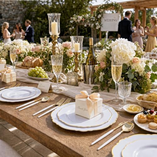 WDF 30Guest Gold Plastic Plates - High-end Baroque Design - 10.25&7.5in Wedding White and Gold Plates Disposable for Birthday/Baby Shower/Wedding/Party - Image 5