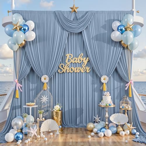 50ft x 10ft Wrinkle Free Dusty Blue Backdrop Curtain for Parties, 10 Panels 5x10ft Silky Polyester Backdrop Drapes Photo Back Drop Cloth for Wedding Birthday Baby Shower Photography Background - Image 5