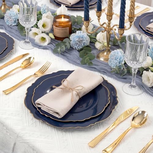 WDF 100pcs Blue Plastic Plates - Baroque Blue&Gold Disposable Plates for Parties/Wedding-50Plastic Dinner Plates 10.25in, 50Salad Plates 7.5in for Party/Birthday/Wedding/Independence Day/Father's Day - Image 2