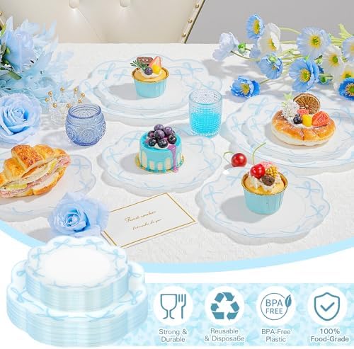 LIYH 60Pcs Blue Bow Scalloped Plastic Plates Set for Bridal Shower Party - Image 3