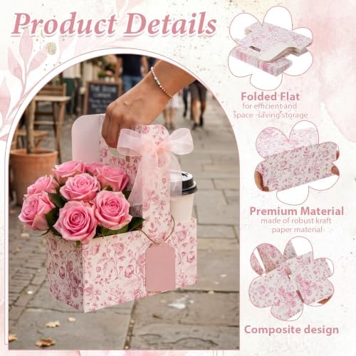 Epakh 48 Pack Pink Floral 2 Cup Drink Carrier with Handle, Gift Holder - Image 3