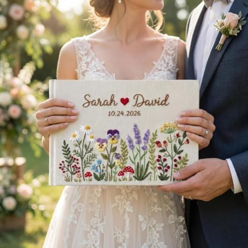 Custom Floral Embroidered Linen Scrapbook,Memory Book with Custom Names & Date,Personalized Photo Album,Flowers Wedding Guest Book for Wedding,Bridal Shower,Baby Shower - Image 5