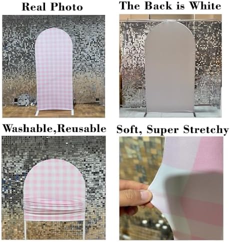 Strawberry Theme Arched Fabric Backdrop Covers Photography Background Pink Plaid Arch Stand Stretchy Covers for Kids ONE Birthday Baby Shower Party Decor Props (4.6x8FT Only Cover) - Image 3