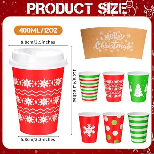 Mimorou 120 Pack Christmas Coffee Cups with Lids and Sleeves, 12 oz Disposable Paper Holiday Party Cups Printed with Snowflakes, Christmas Trees, Stripes and Polka Dots for Xmas Party Supplies - Image 2