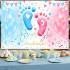 Mocsicka Gender Reveal Backdrop Blue or Pink Balloons Footprint He or She Gender Reveal Theme Banner Party Decorations Photo Booth Props (8x6ft) - Image 2
