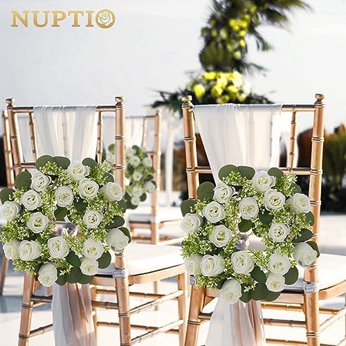 NUPTIO Flower Candle Rings for Centerpieces: 13.4 Inch Artificial Rose Wreath for Wedding Party Christmas Decorations - White Wreaths for Spring Summer Front Door Porch Table Decor 6 Pcs - Image 3