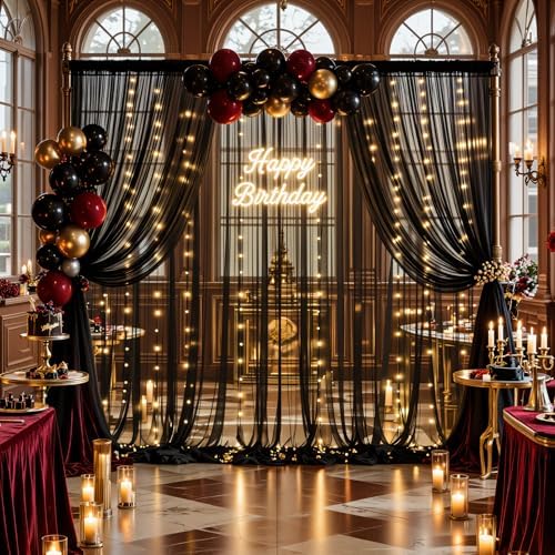 20ft x 12ft Black Tulle Photo Backdrop Curtain with Lights String for Parties Sheer Black Curtain Backdrop for Birthday Party Baby Shower Wedding Photo Booth Photography Background Decorations - Image 4