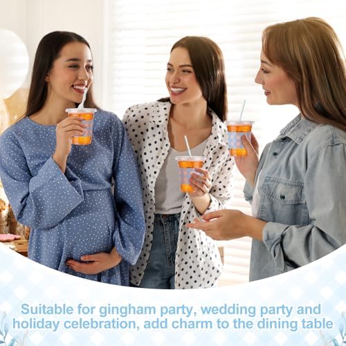 Sliner 50 Sets 16oz Light Blue White Gingham Party Plastic Cups - Image 5