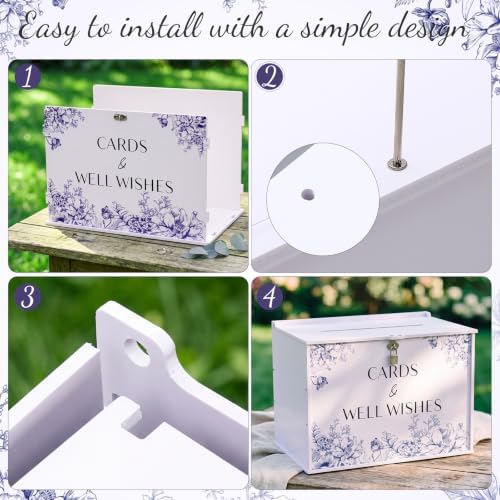 BreezeHug 14" Blue Chinoiserie Wedding Card Box with Lock & Sign - Image 3