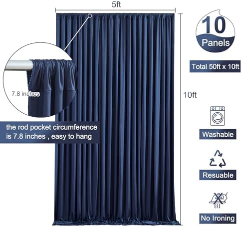 10 Panels Navy Blue Backdrop Curtain for Parties Wedding Wrinkle Free 50ft x 10ft Backdrop Drapes Panels for Baby Shower Gender Reveal Birthday Photo Photography Polyester Fabric Background Decoration - Image 5