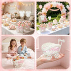 4 Pack Baby Carriage for Baby Shower Centerpiece Table with Wicker Stroller Bottle Bear Cards Rattan Artificial Rose Hydrangea Baby's Breath Floral Card Holder Decoration(Pink，32pcs) - Image 6
