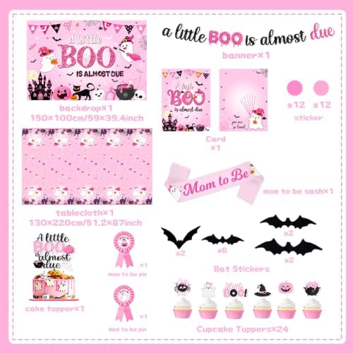 Pink Halloween Baby Shower Decorations Girl, All-in-1 A Little Boo is Almost Due Baby Shower Decorations with Balloon Arch Kit Baby Boxes Plates Napkins Cake Toppers Tablecloth Backdrop Spooky Decor - Image 6